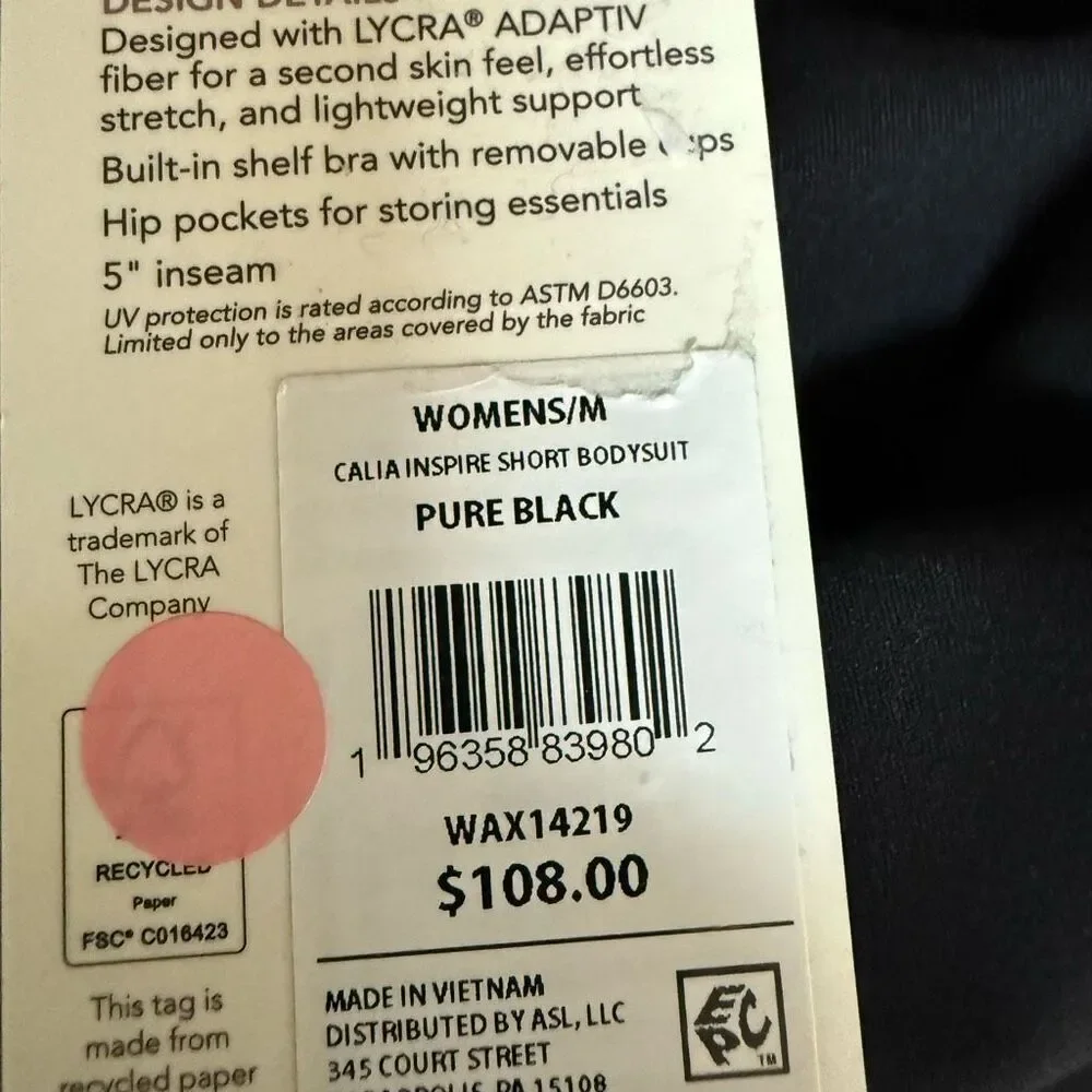 CALIA Womens Inspire Short Stretch Lightweight Bodysuit Pure Black Size M NWT